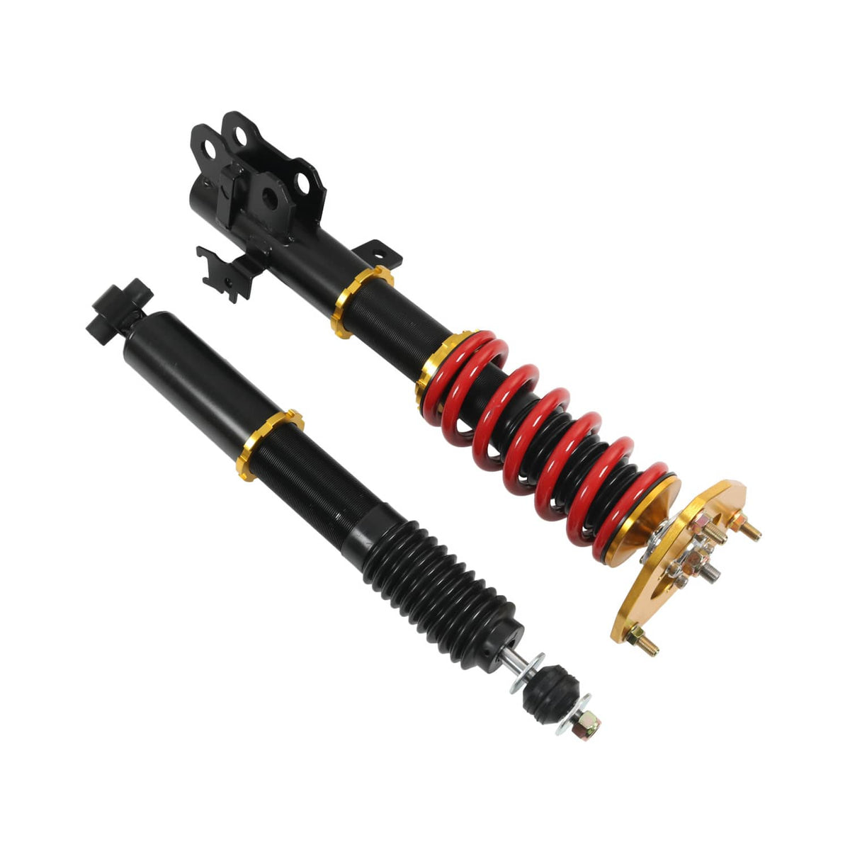 Coilover strut pair with red coil springs, gold spring seats, and black mounting brackets