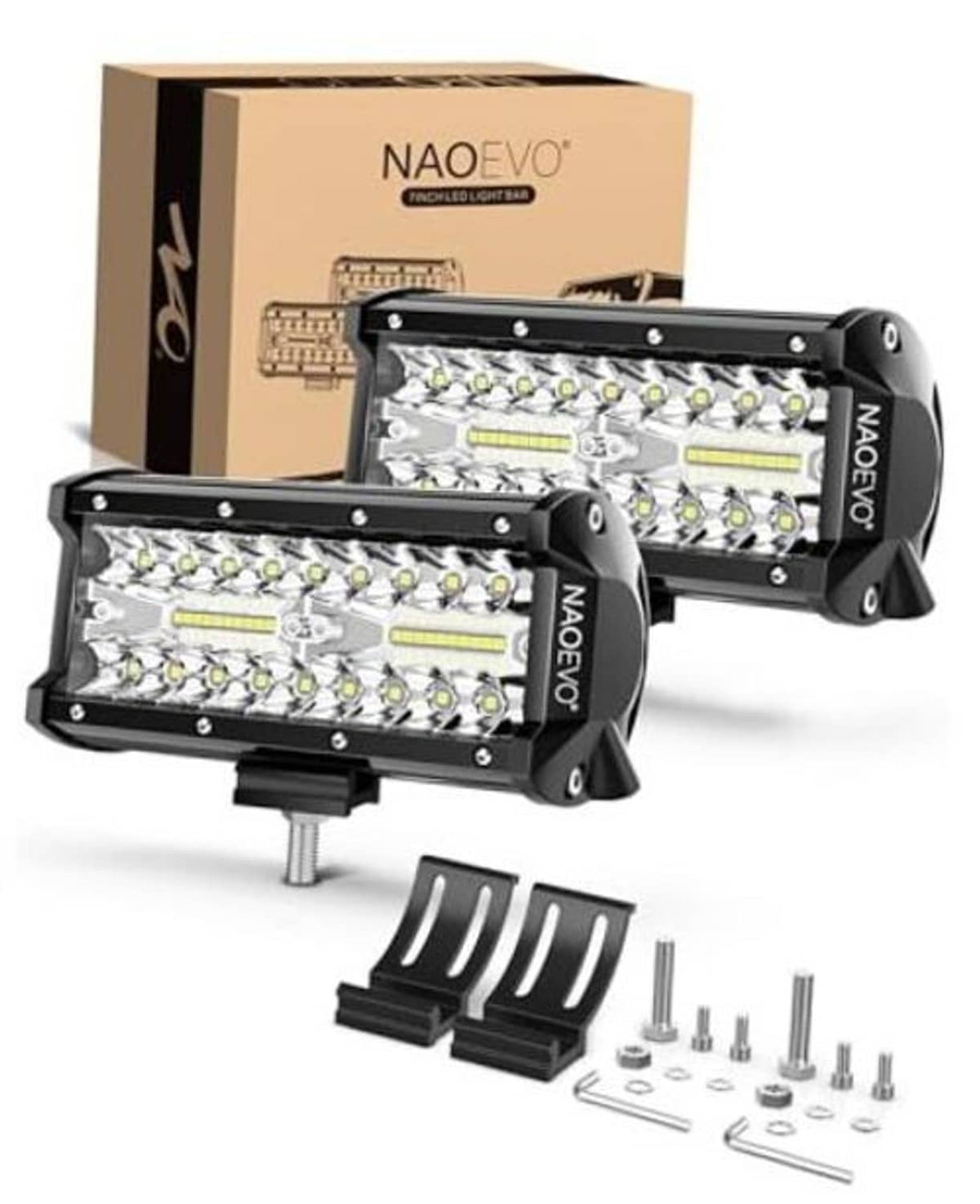 Black 7-inch LED light bars set with white LEDs, mounting brackets and hardware kit.