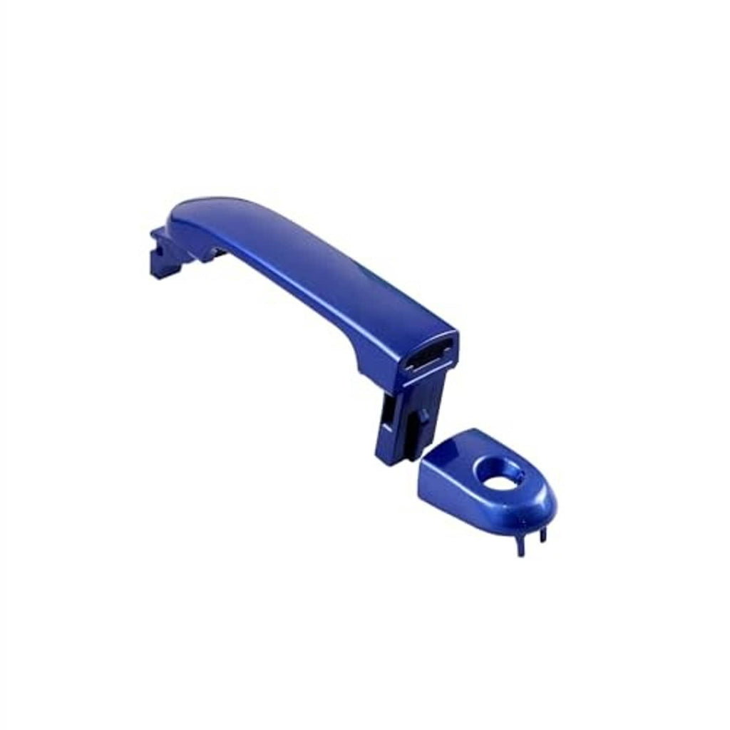 Blue exterior door handle with round mounting grommet
