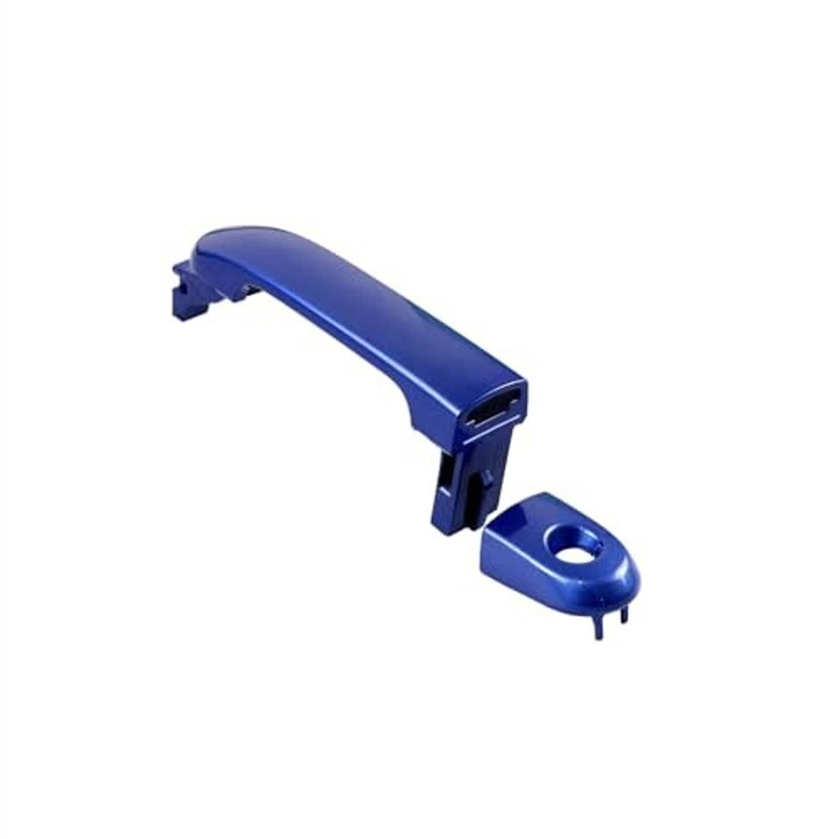 Blue exterior door handle with round mounting grommet