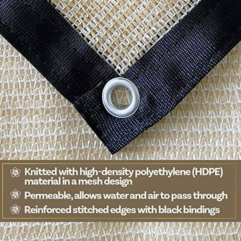 Beige HDPE shade cloth corner with black binding and metal grommet eyelet