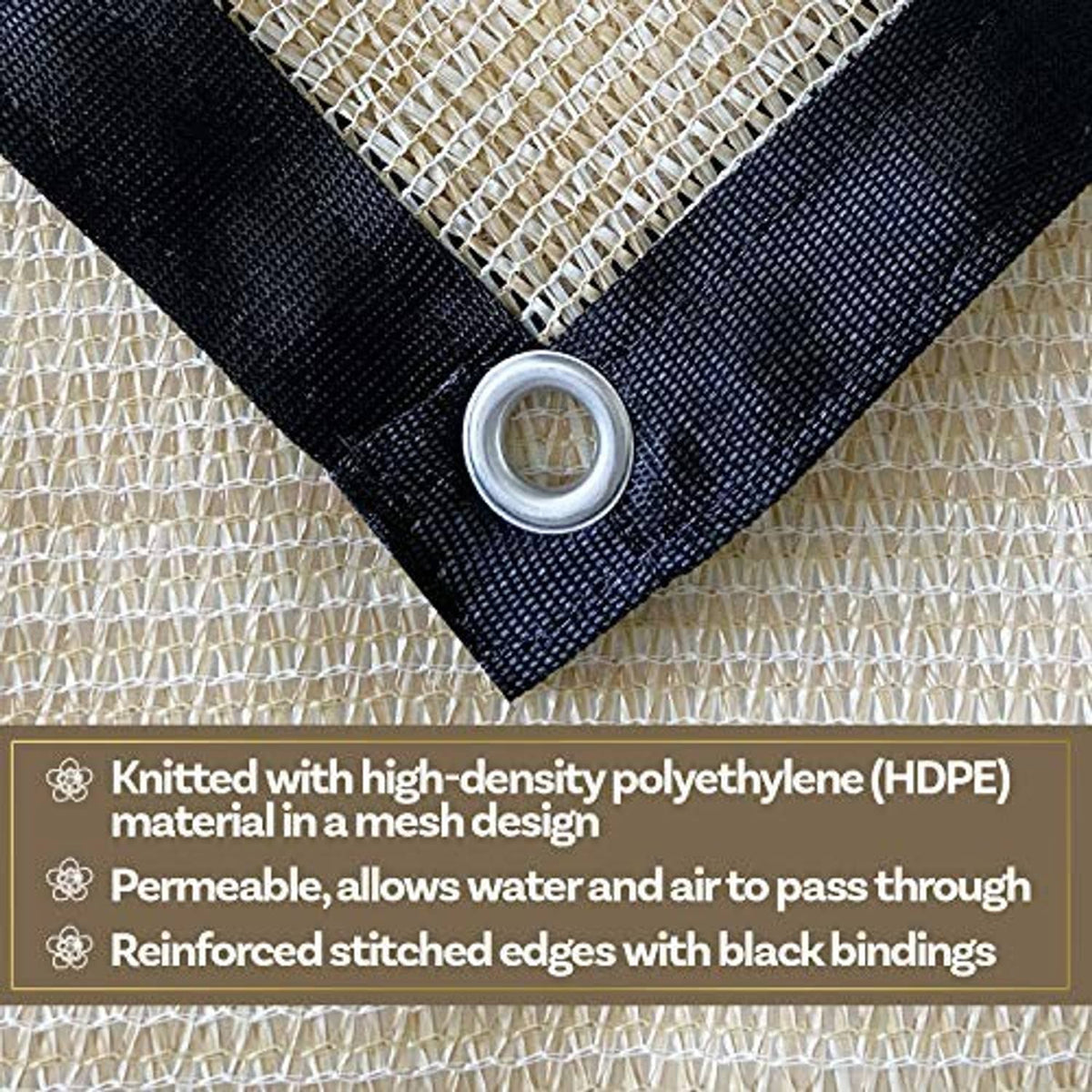Beige HDPE shade cloth corner with black binding and metal grommet eyelet