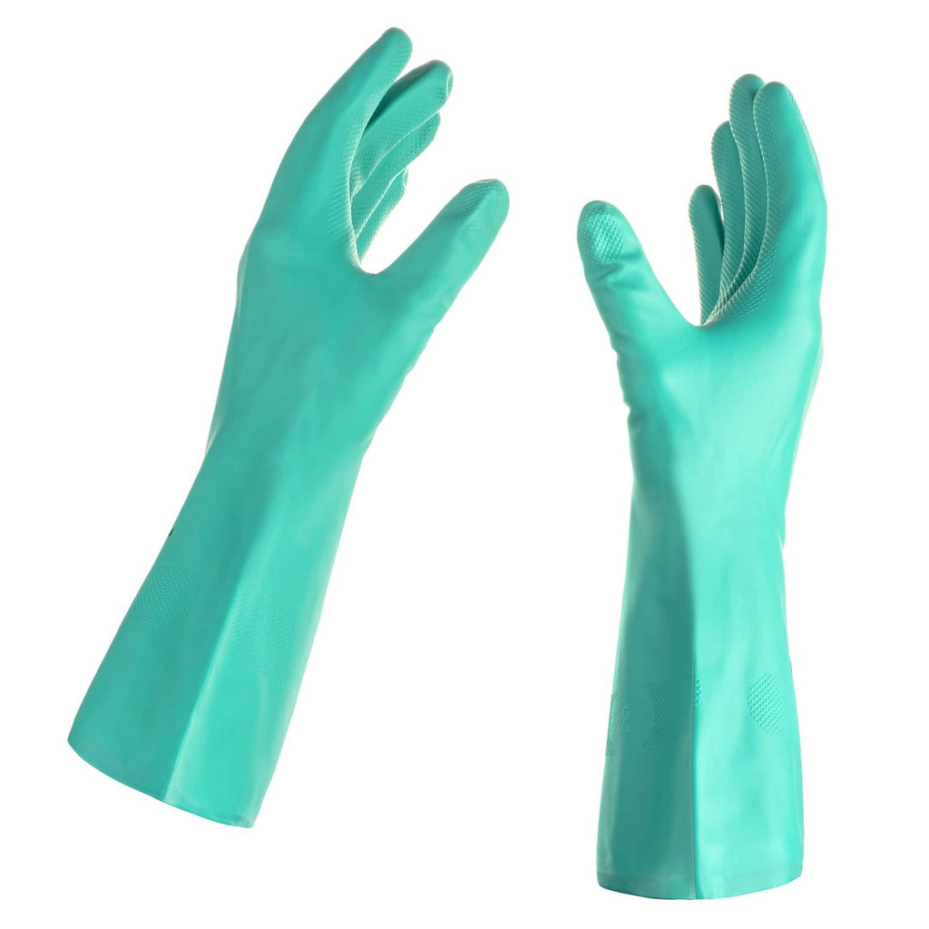 Teal nitrile rubber cleaning gloves, textured palm and fingers, cuff opening visible