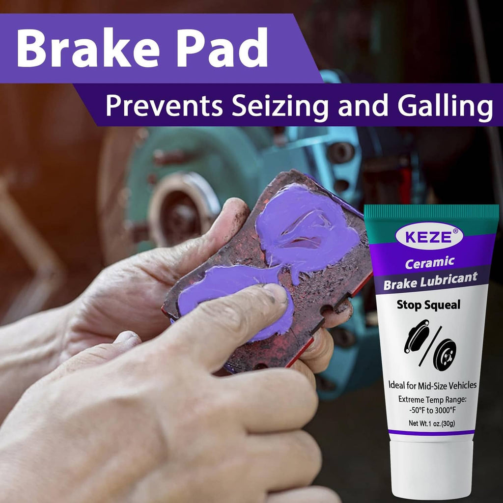 Ceramic brake lubricant tube and hands applying purple grease to brake pad