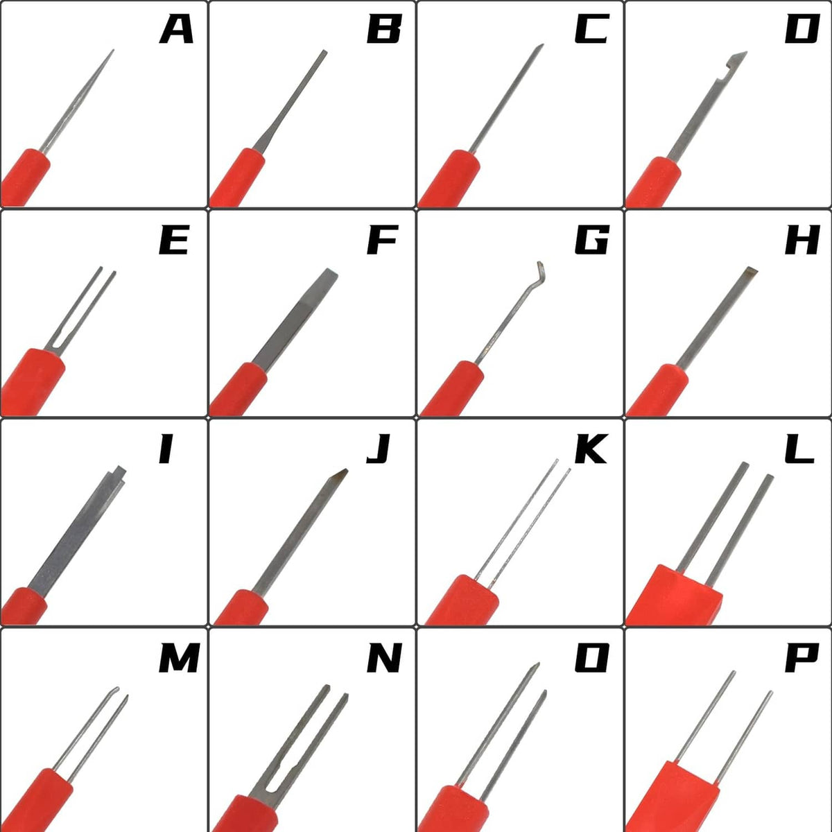 Assorted terminal release tool tips A–P with red handles and metal shafts