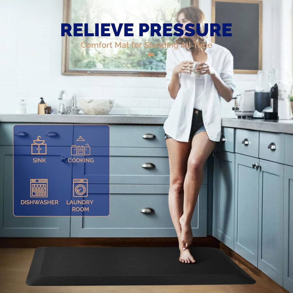 Dark anti-fatigue standing mat under person standing in kitchen