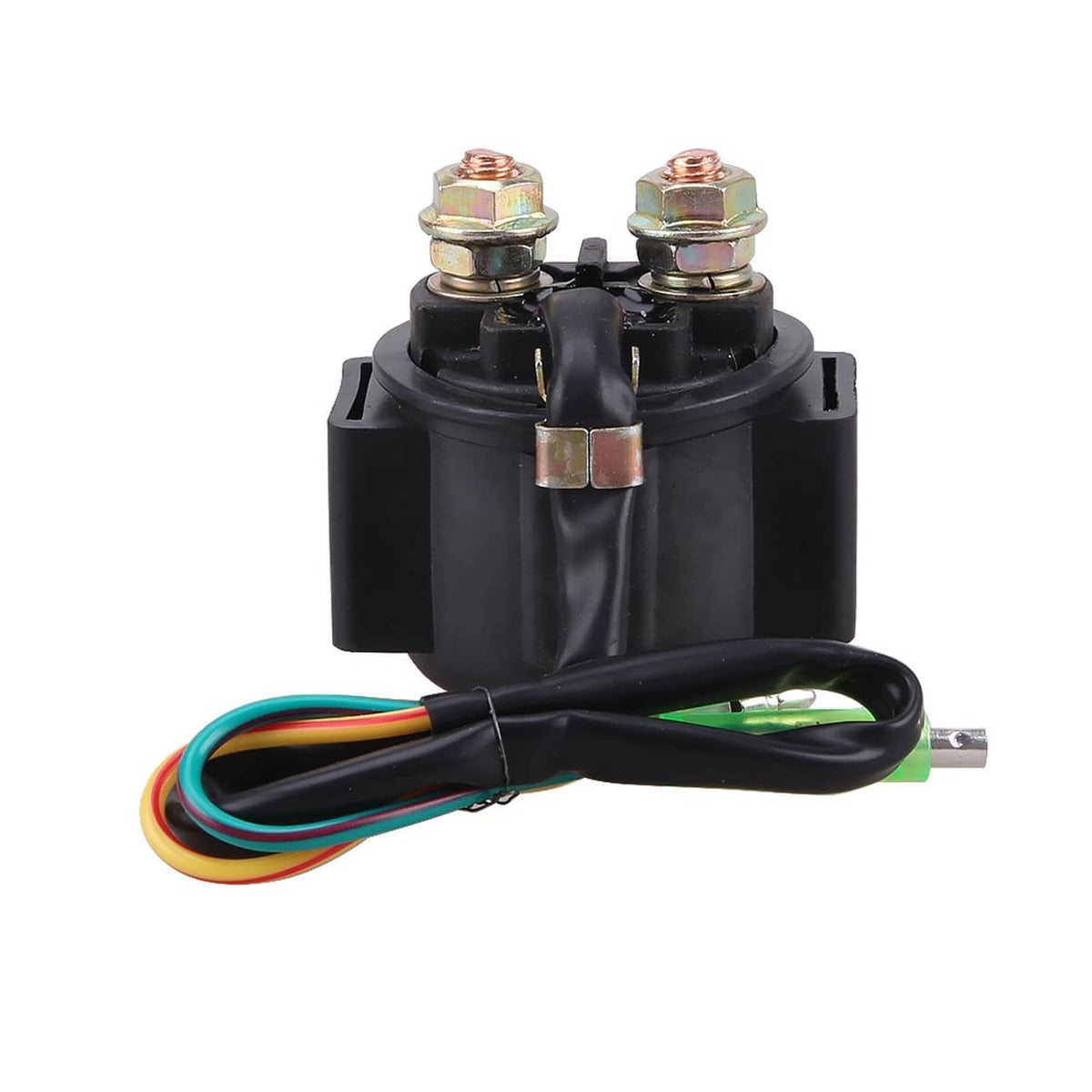 Black starter relay solenoid with two top terminals and multicolor wire bundle