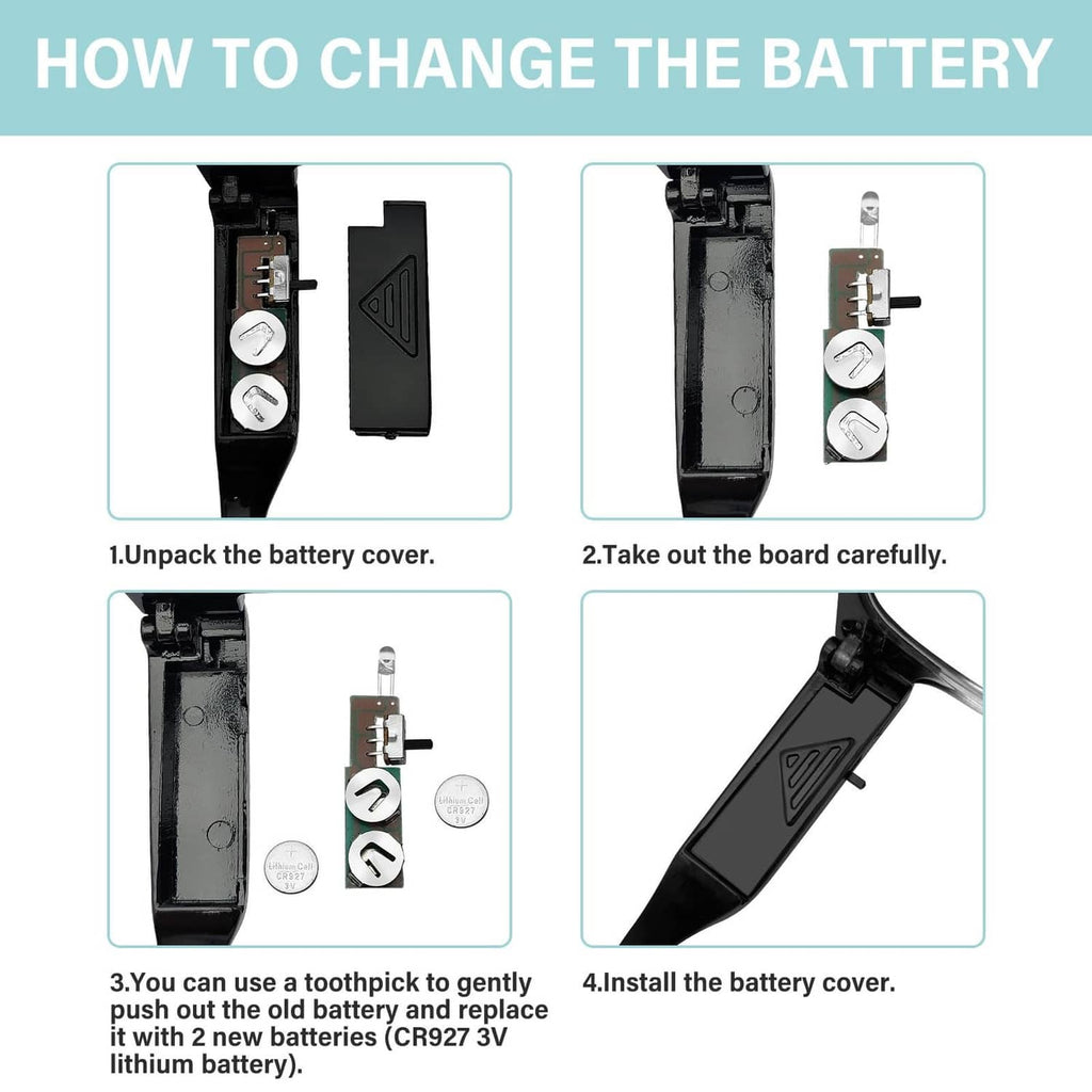 Black LED reading glasses with removable battery cover and inserted battery parts