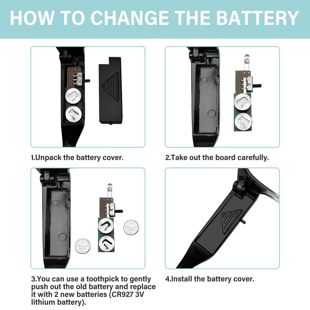 Black LED reading glasses with removable battery cover and inserted battery parts