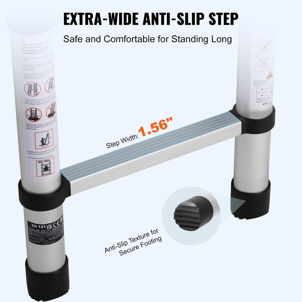 Aluminum ladder step with extra-wide anti-slip tread and black stabilizer caps