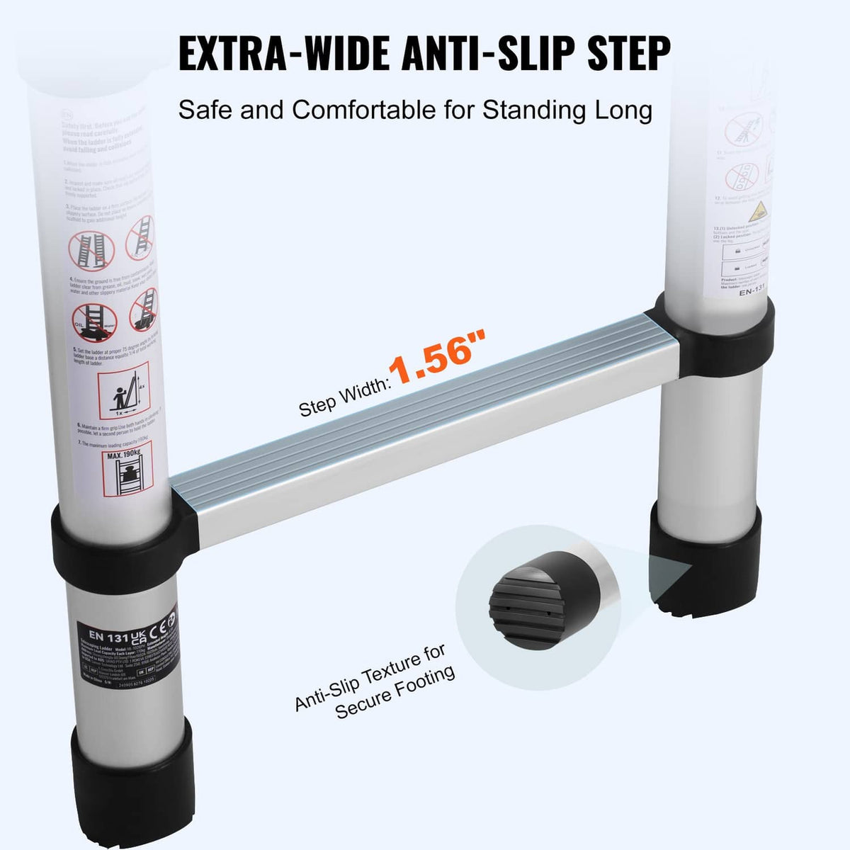 Aluminum ladder step with extra-wide anti-slip tread and black stabilizer caps