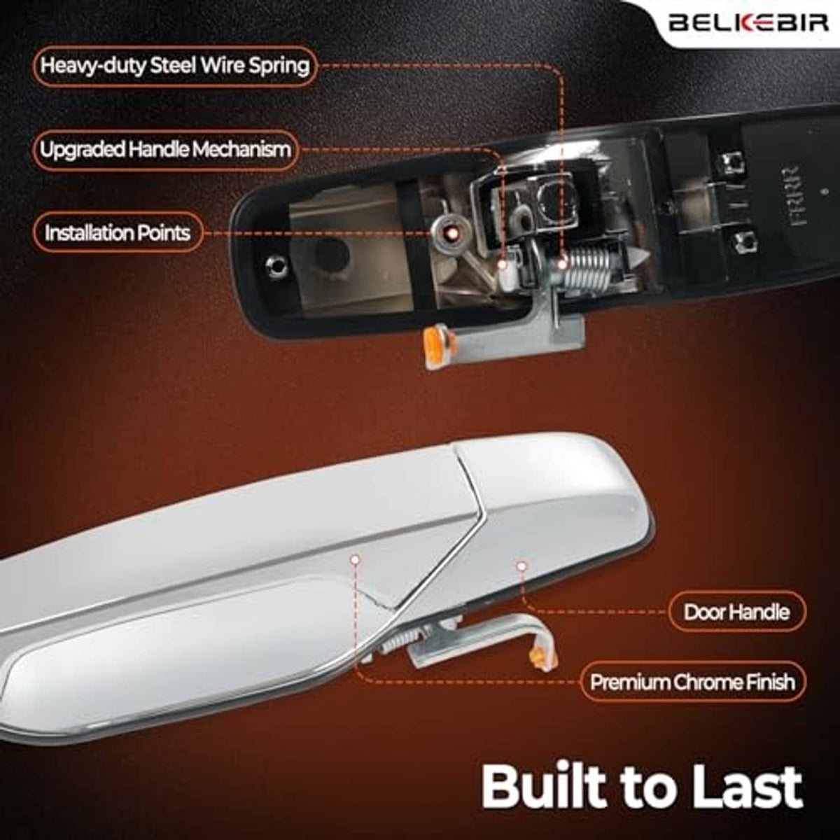 Chrome exterior door handle with visible internal spring mechanism