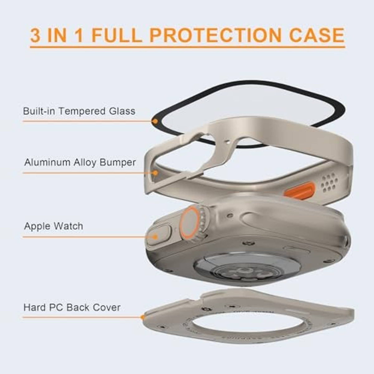 Natural titanium watch case showing front frame and hard back cover for protection
