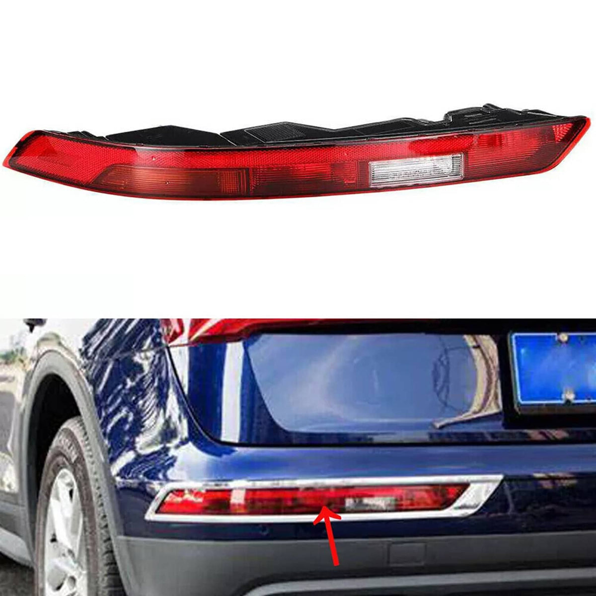 Close-up of left rear bumper light lens with red outer band and clear inner strip
