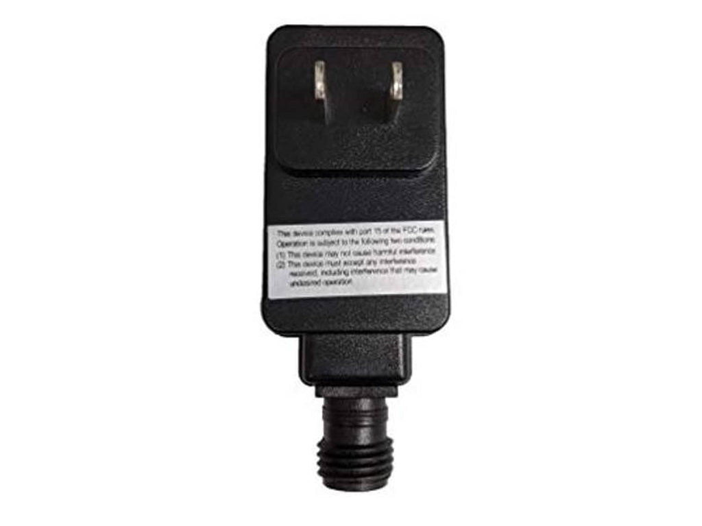 Black power adapter with two-prong input plug and threaded output end