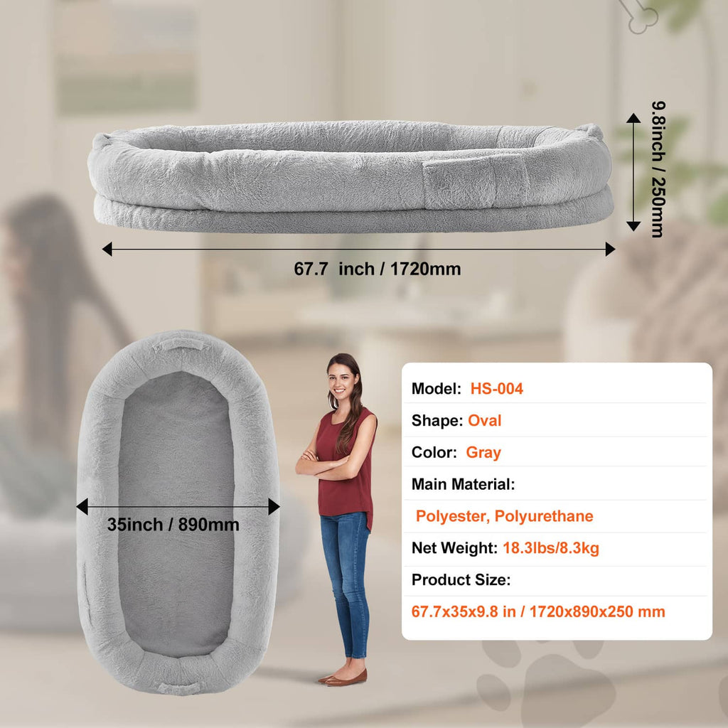 Grey oval human dog bed shown with size measurements and plush inner cushion.