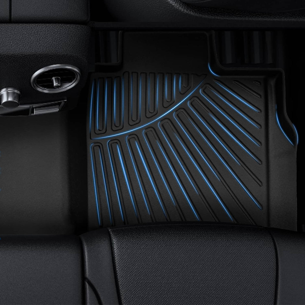 Black TPE floor mat with raised ribbed tread and blue accent channels