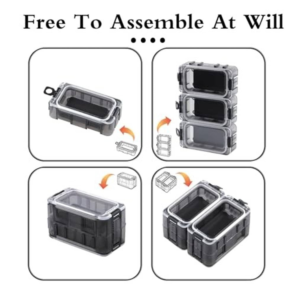 Tackle box organizer parts shown assembling four small storage boxes with clear lids