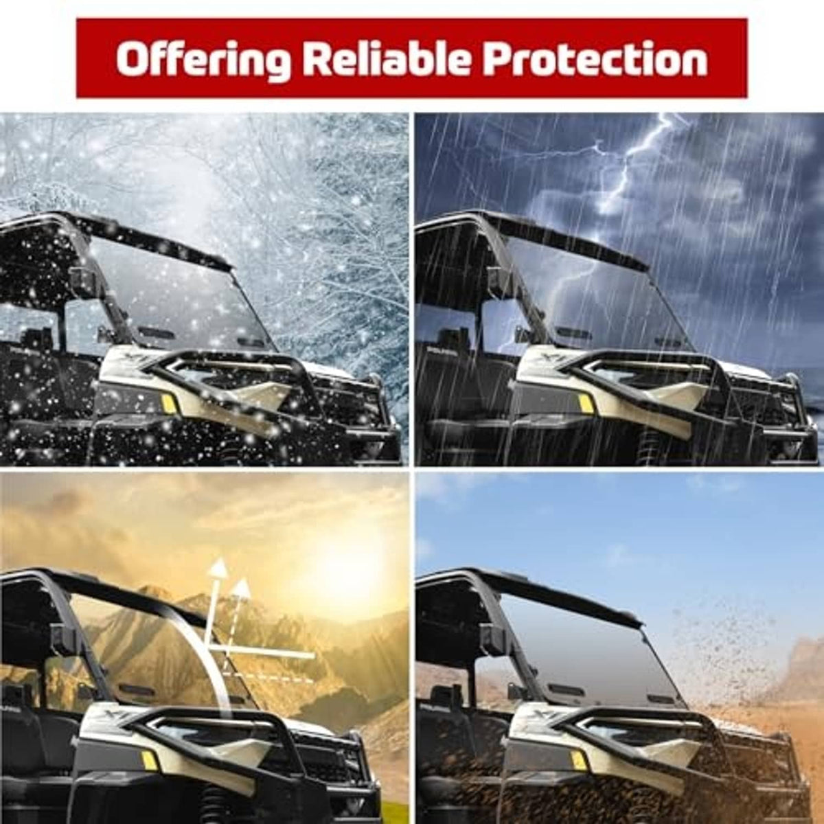 Front vented windshield provides reliable protection against rain, snow, and dust