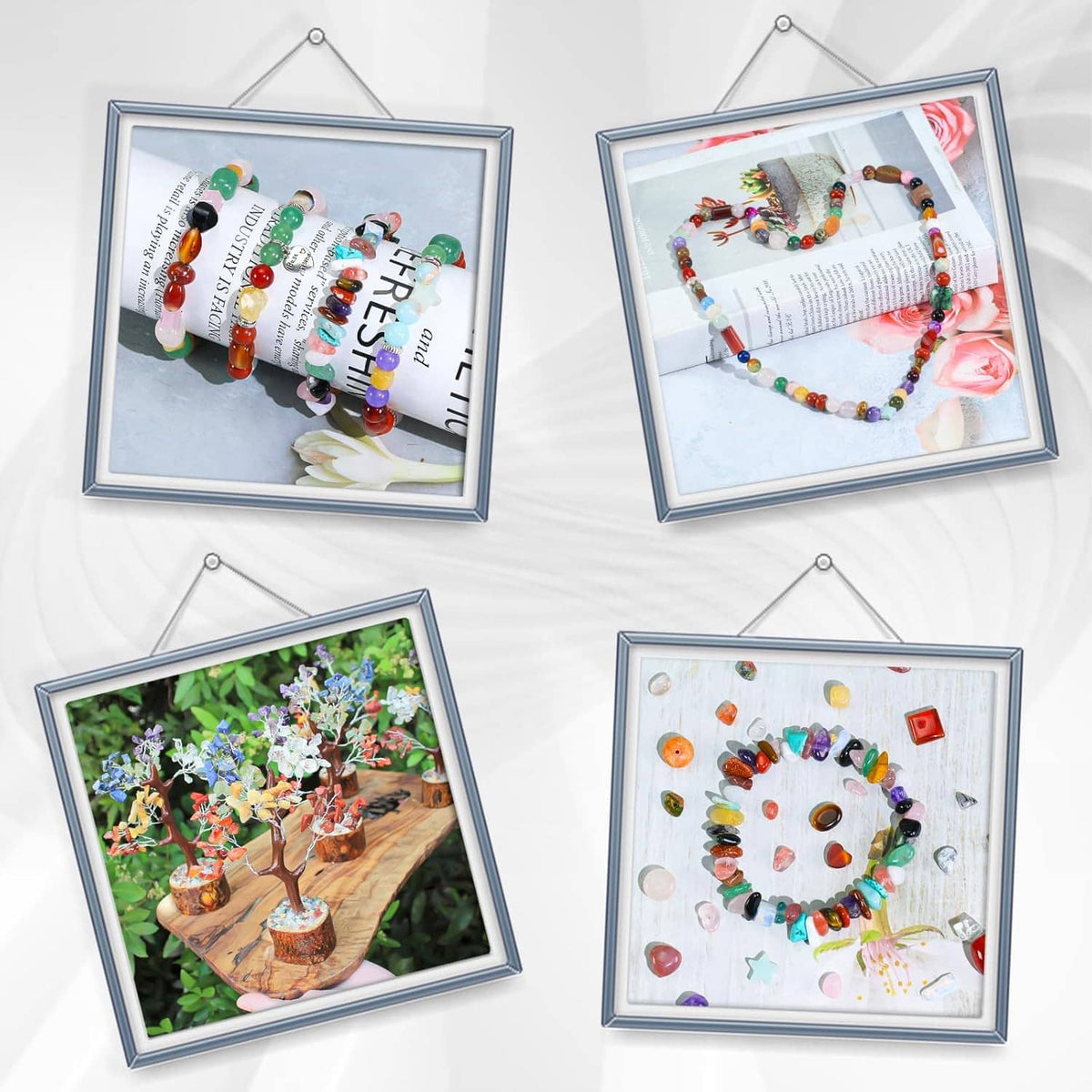 Natural stone bead necklaces displayed in framed sets, featuring multicolor beads
