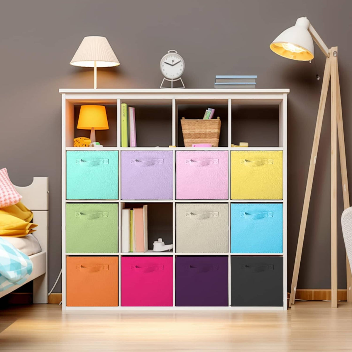 Foldable fabric cube storage organizer with 12 cubbies, assorted colors