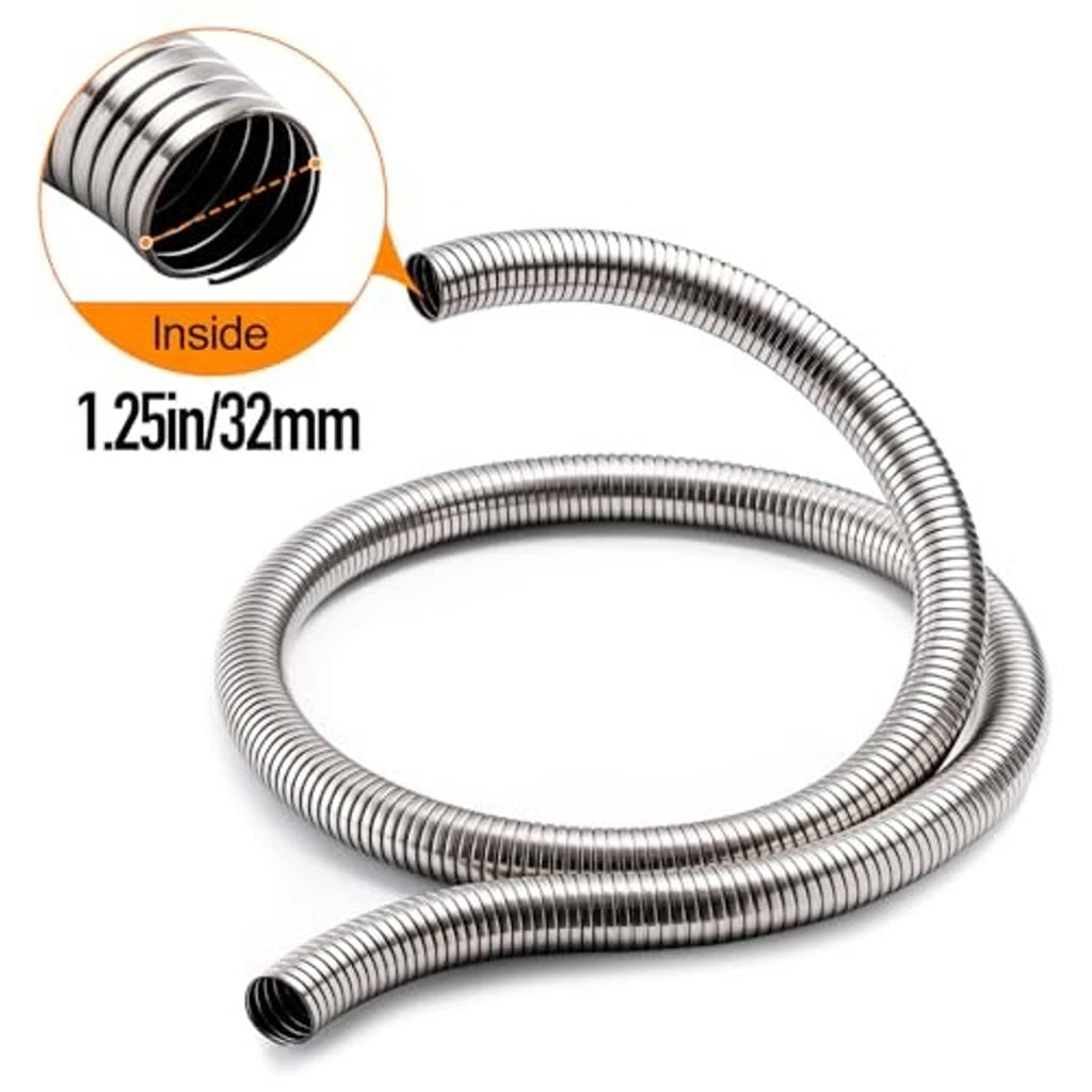 Stainless steel exhaust flex pipe coil with inside view; 1.25 in (32 mm) size