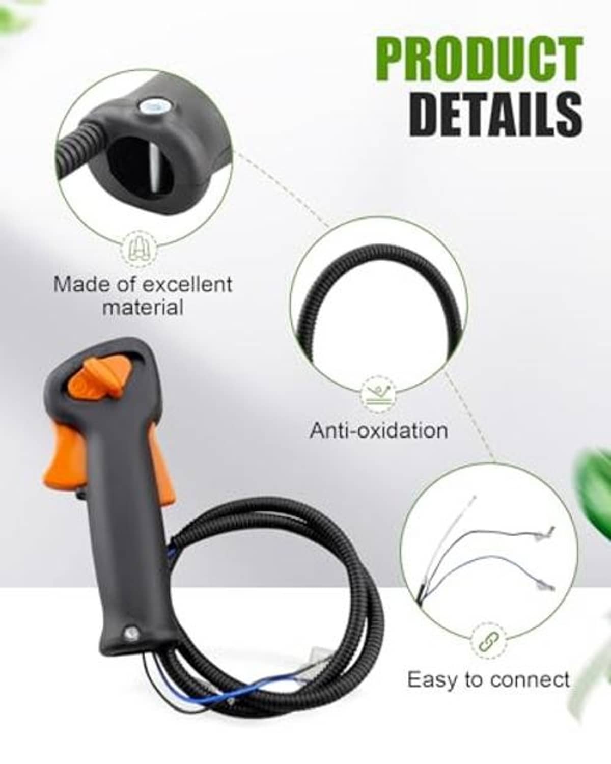 Throttle control handle assembly with orange insert and coiled black cable loop