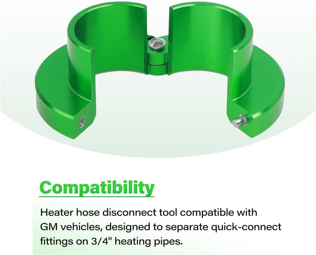 Green heater hose disconnect tool with two fork arms and metal center pin