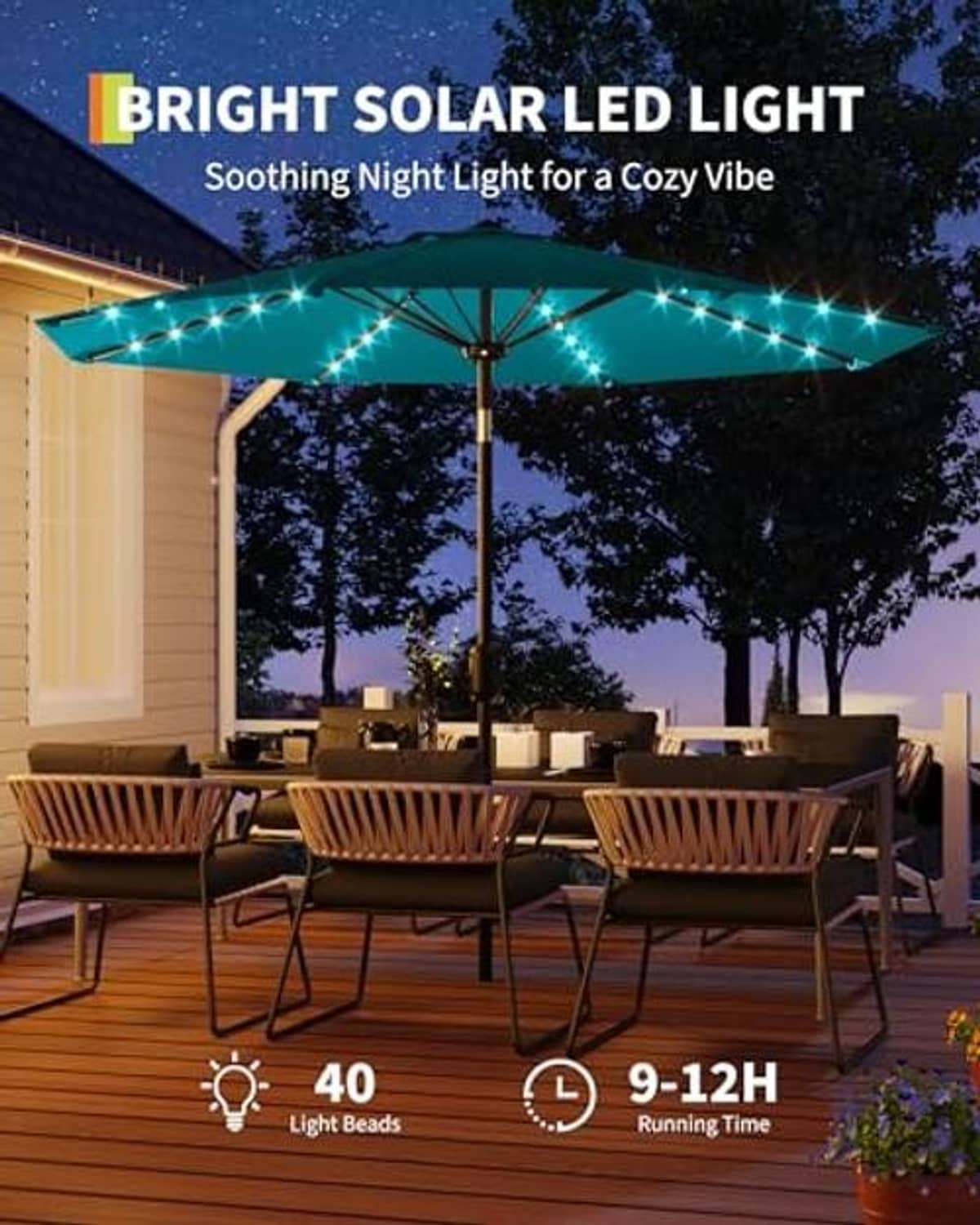 Teal patio umbrella canopy with solar light string along ribs