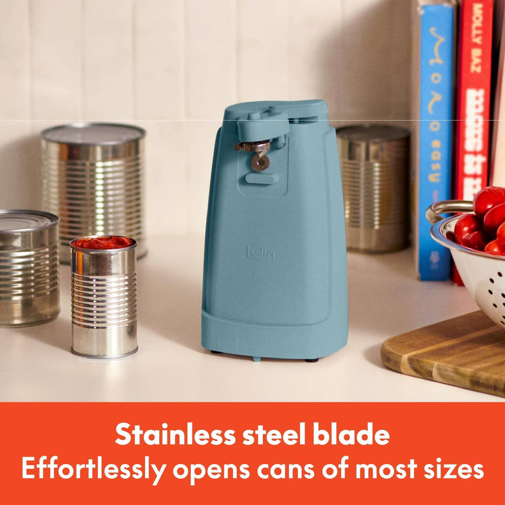 Teal electric can opener with stainless steel blade mechanism and can beside it
