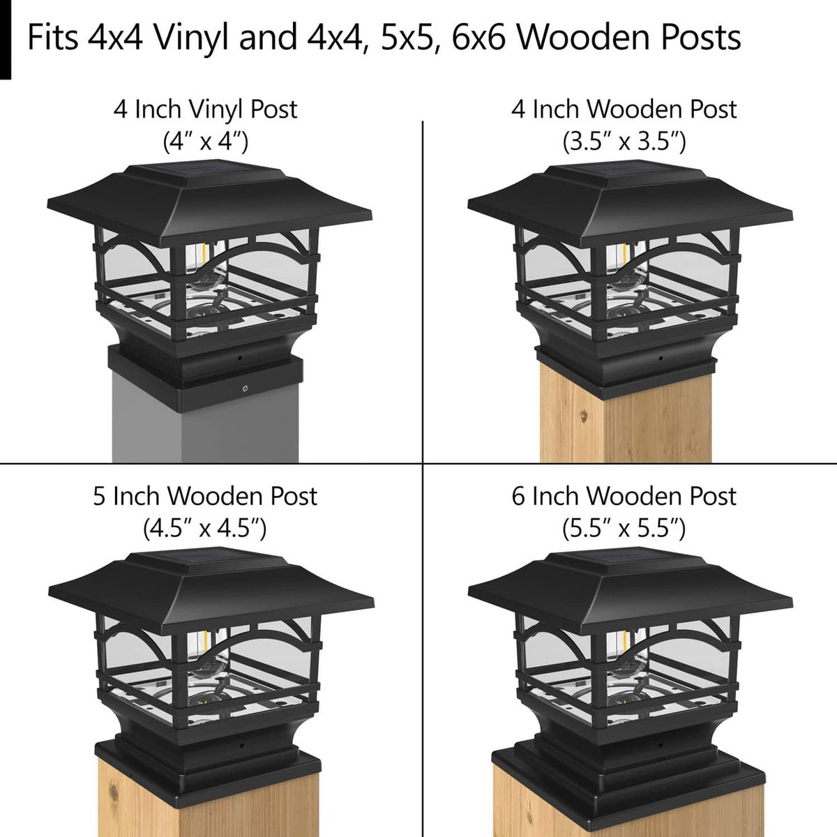 Black solar post cap light shown mounted on multiple wooden post sizes