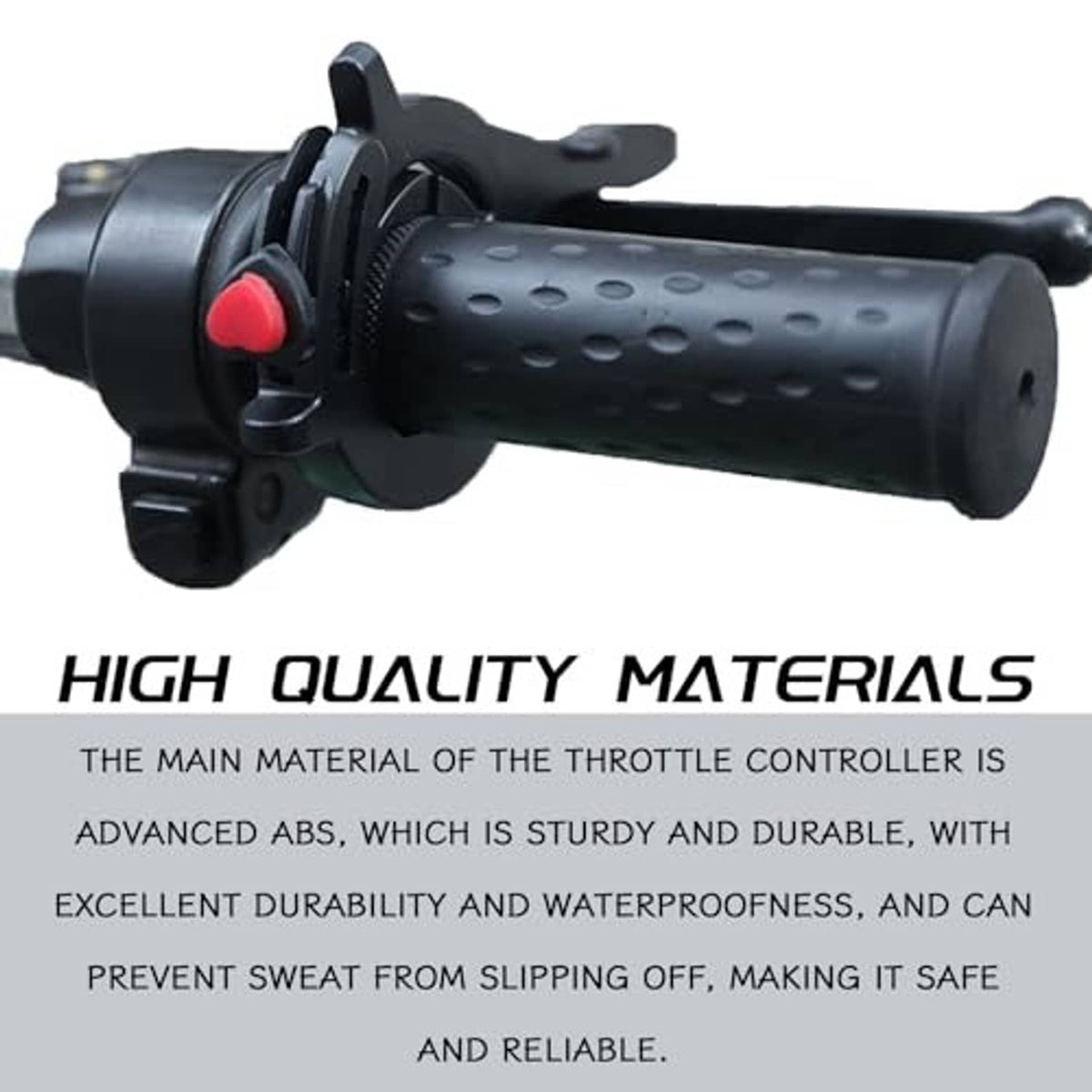 Black throttle lock clamp mounted on handlebar grip with red button and textured rubber