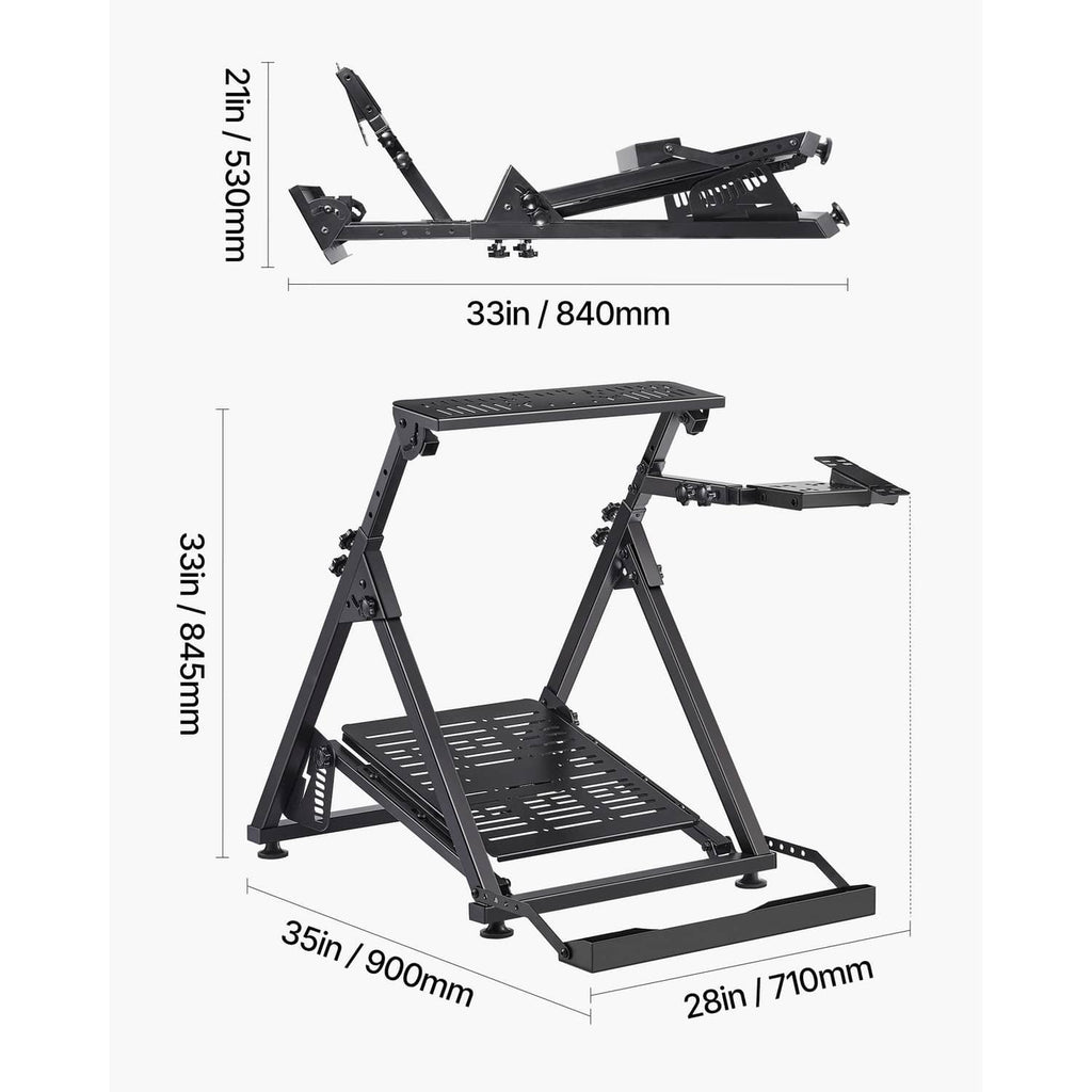 Foldable racing steering wheel stand with platform bars and adjustable pedal mount
