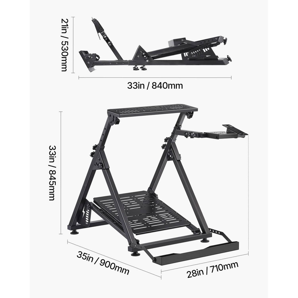 Foldable racing steering wheel stand with platform bars and adjustable pedal mount