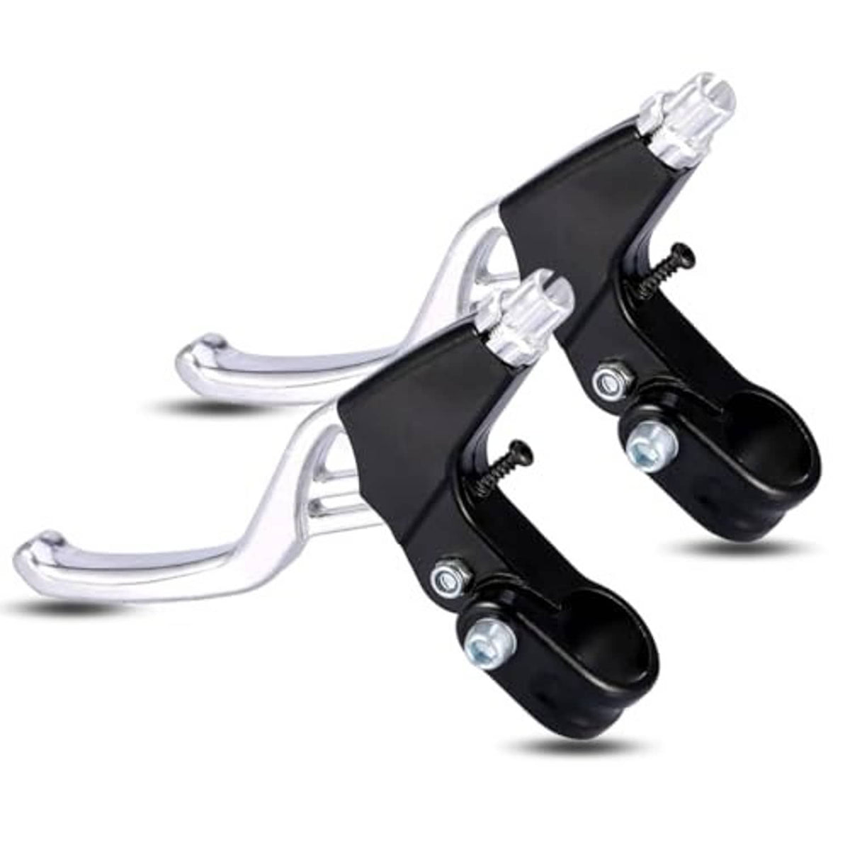 Bicycle brake lever set with silver curved arms, black lever bodies, and cable clamp ends