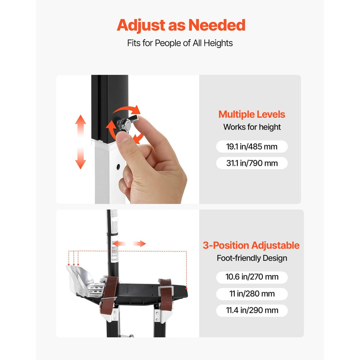 Adjustable drywall stilt with height adjustment mechanism and multi-position locking design