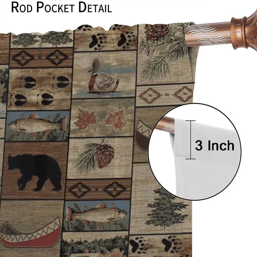 Rustic rod pocket curtain detail with moose, tree, and leaf pattern, 3 inch opening