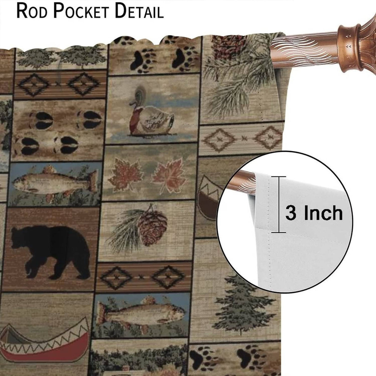Rustic rod pocket curtain detail with moose, tree, and leaf pattern, 3 inch opening