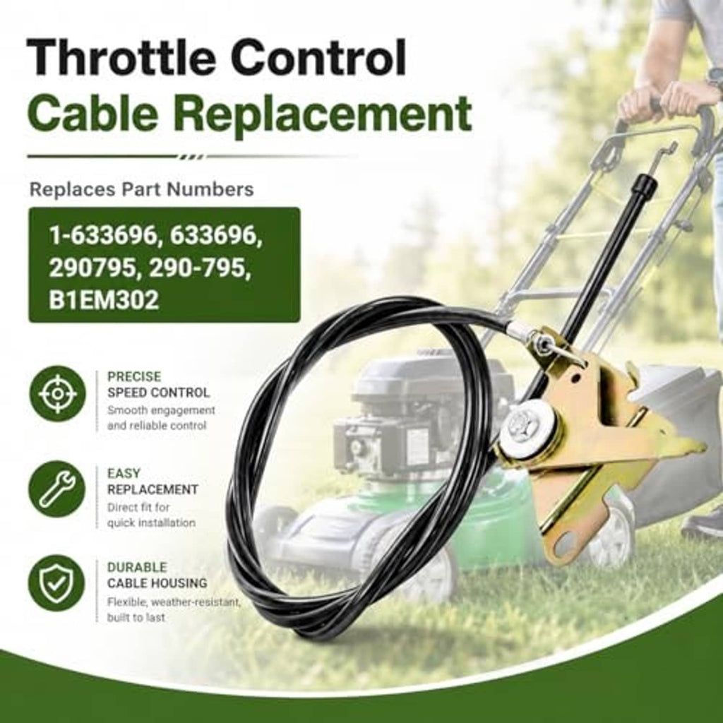 Throttle control cable replacement assembly with black cable and yellow-green bracket