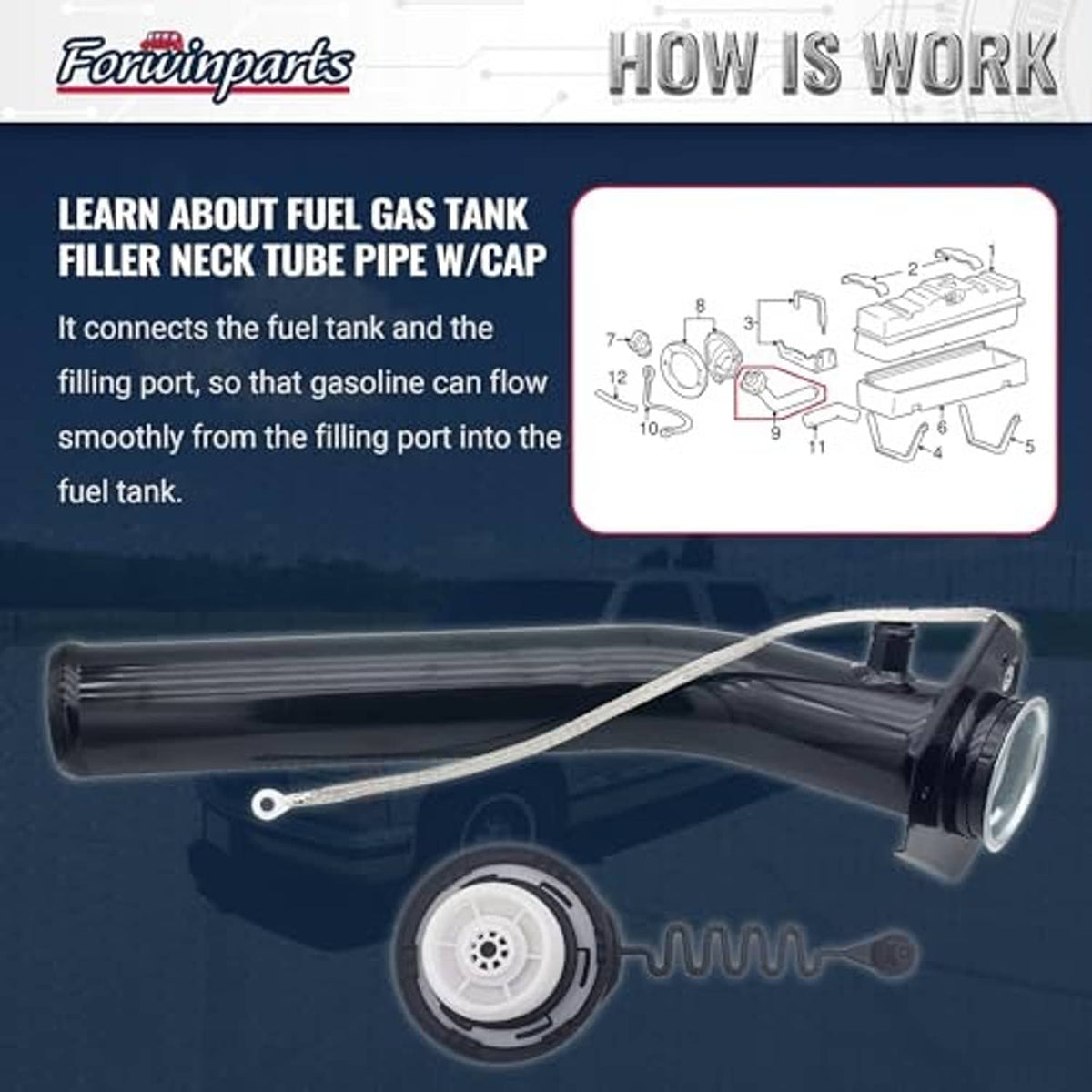 Fuel tank filler neck hose with black cap and extended spring, includes mounting bracket