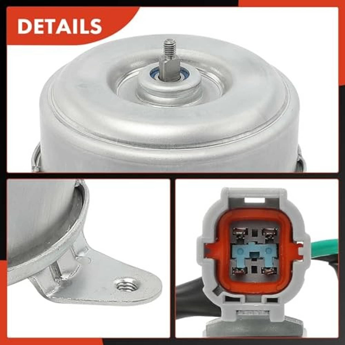 Radiator cooling fan motor detail with top shaft and wiring plug connector