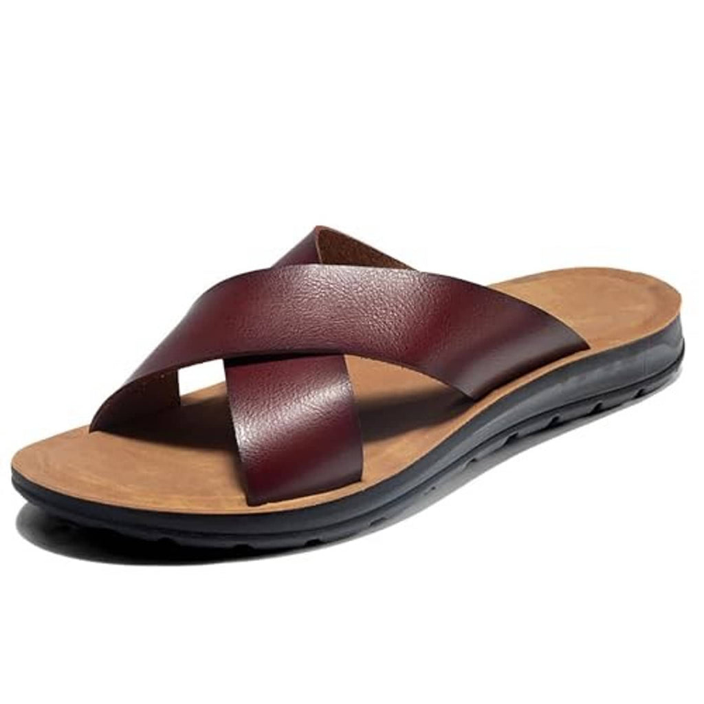 Brown leather open-toe platform slide sandals with wide crossover strap