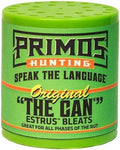 Primos hunting deer estrus lure can, bright green cylinder with bold logo text