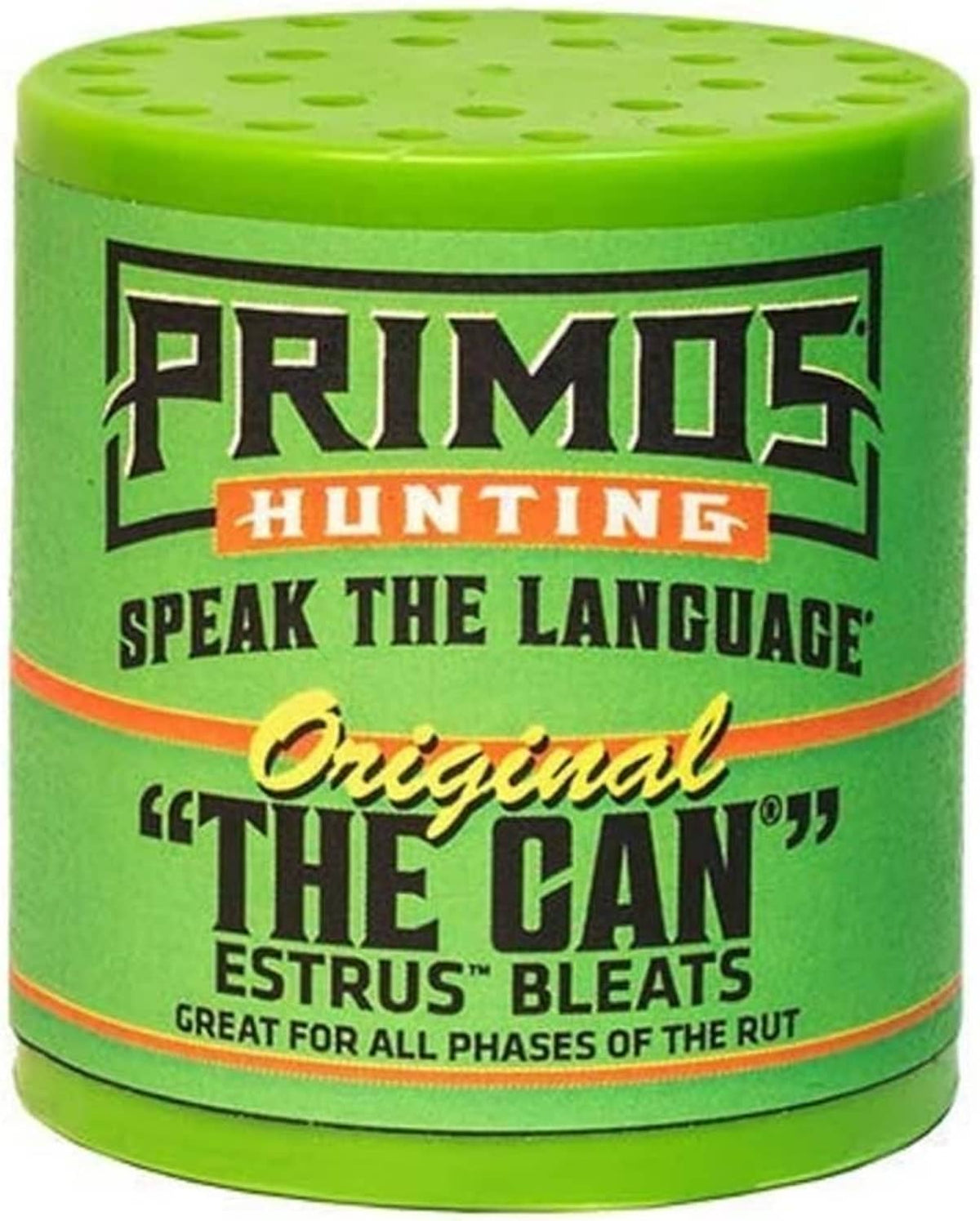 Primos hunting deer estrus lure can, bright green cylinder with bold logo text