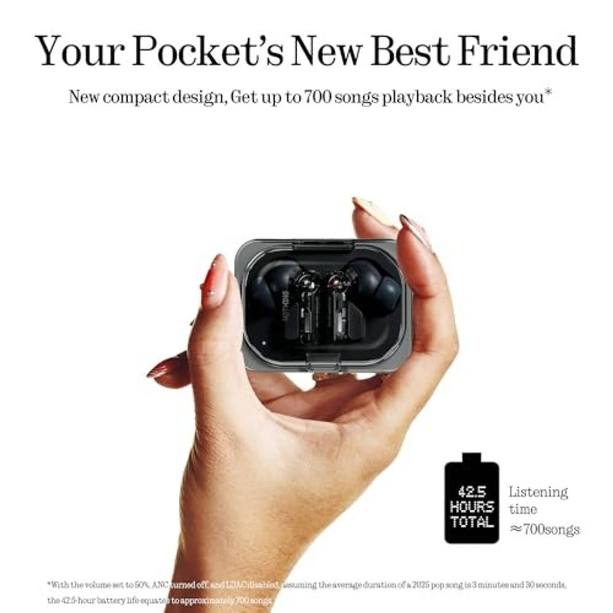 Wireless earbuds charging case held in hands with earbuds in open lid