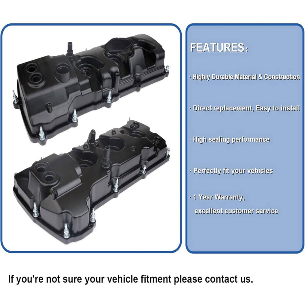 Black engine valve cover kit with two covers and sealing openings
