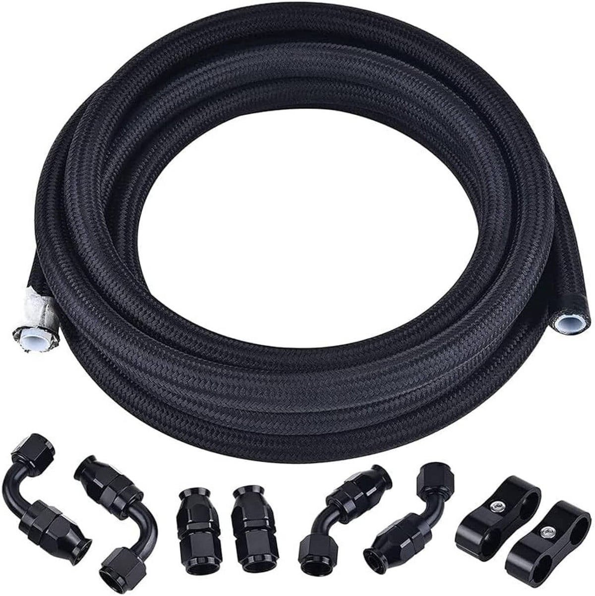 Black AN12 PTFE fuel line hose kit, coiled nylon braided hose with AN fittings.