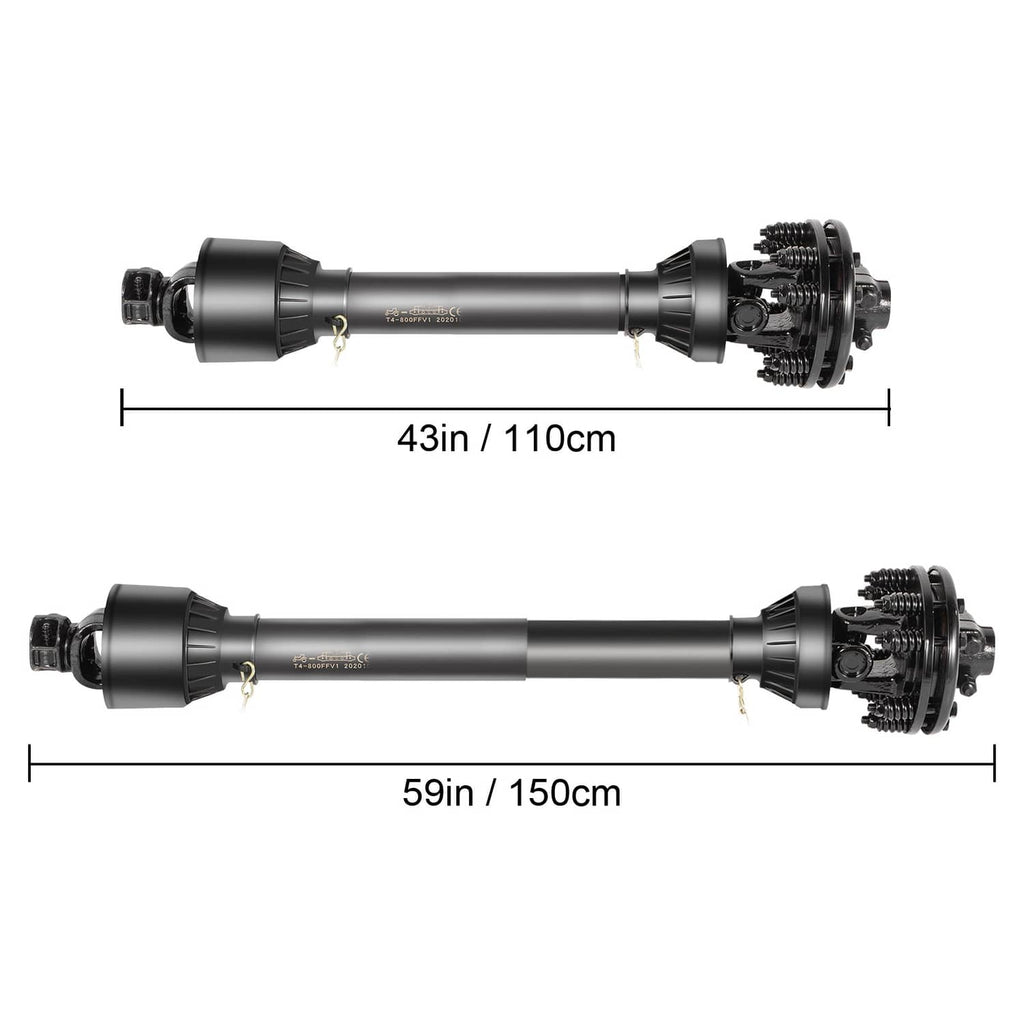Black PTO drive shaft with 43 in collapsed and 59 in extended views
