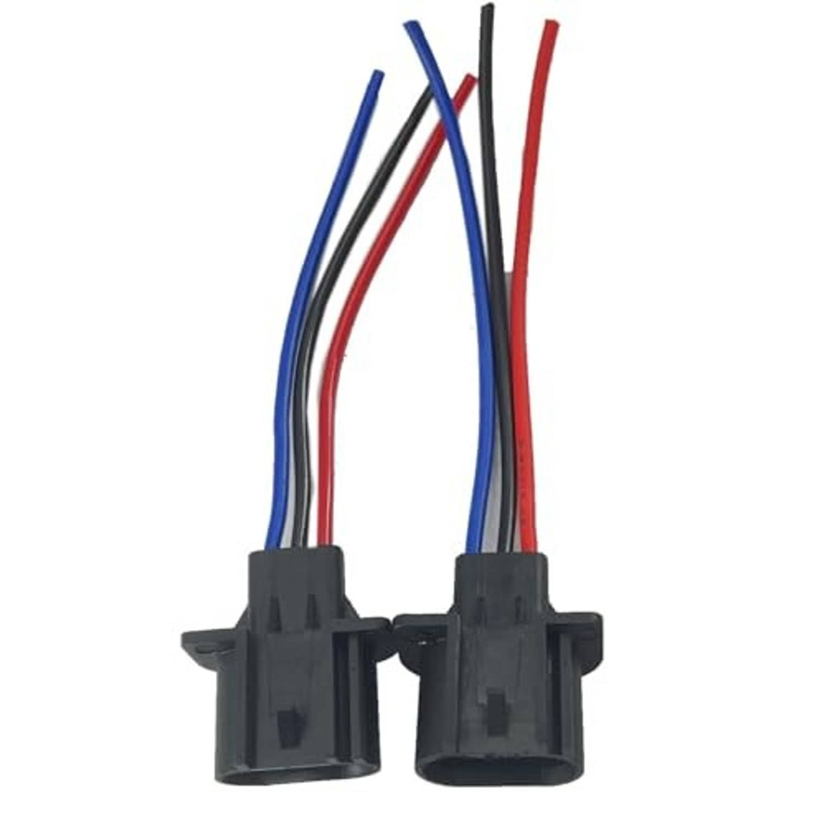 Headlight wiring harness pigtail pair with black sockets and red/blue wires