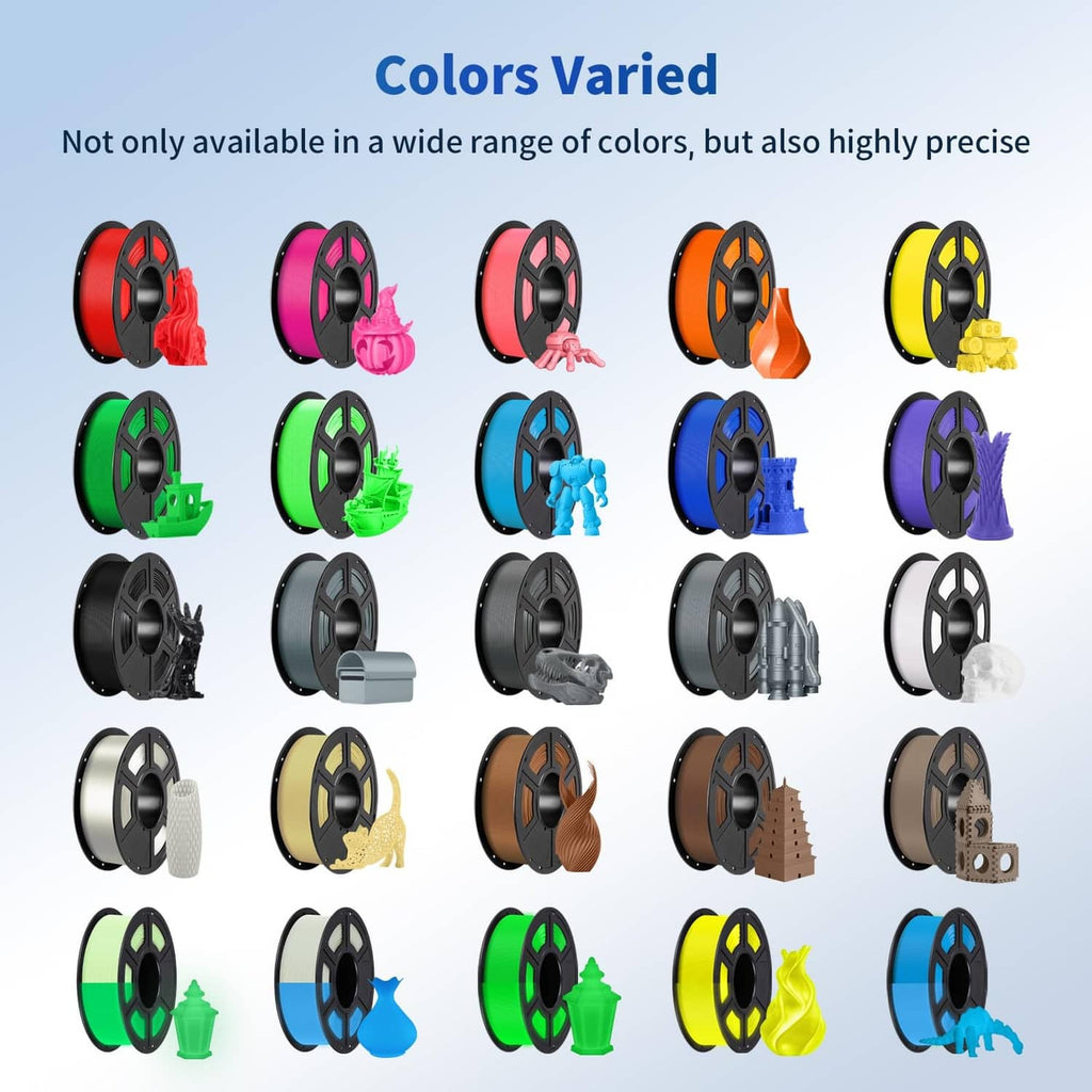 Assorted PLA filament spools in multiple colors, including black and white